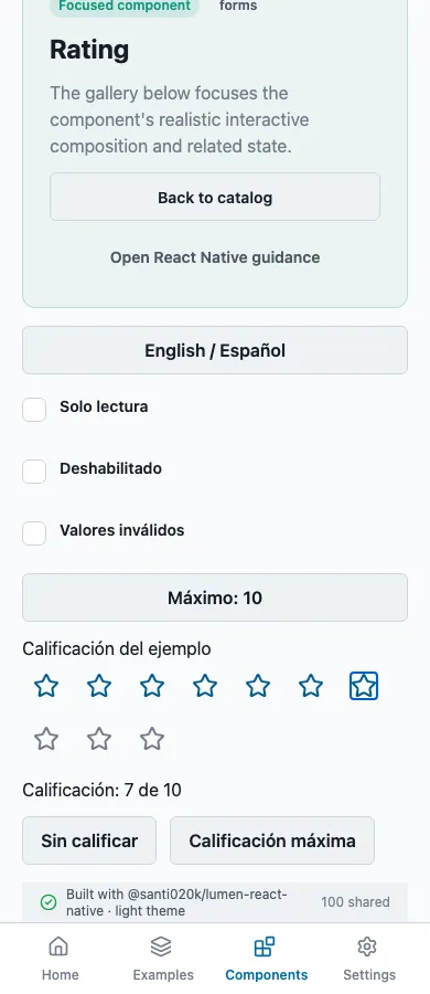 Rating rendered in the Expo web renderer Lumen playground