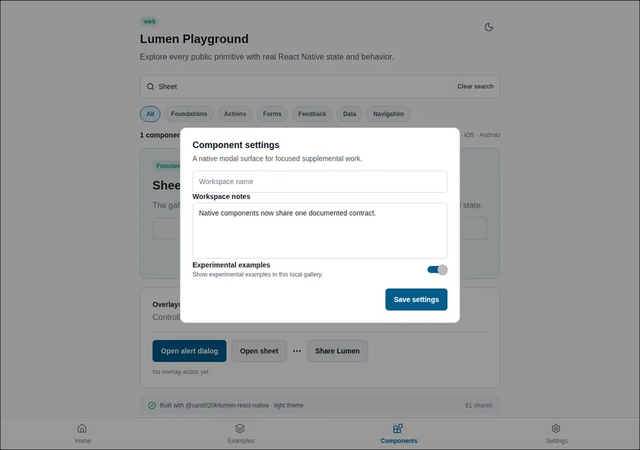 Sheet rendered in the Expo web renderer Lumen playground