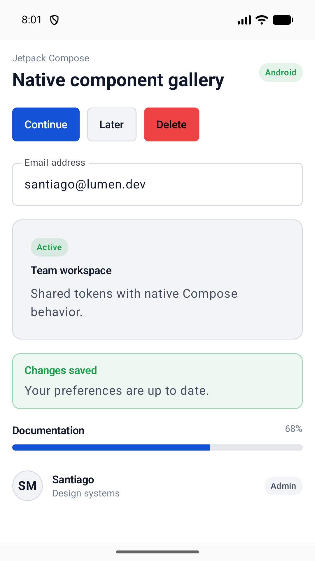 Lumen component gallery running in a native Jetpack Compose Android application