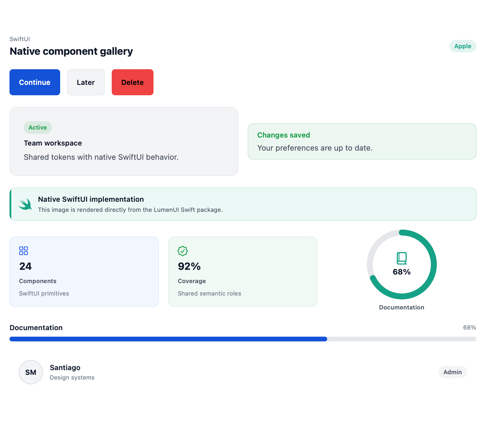 Lumen component gallery rendered directly by the LumenUI SwiftUI package