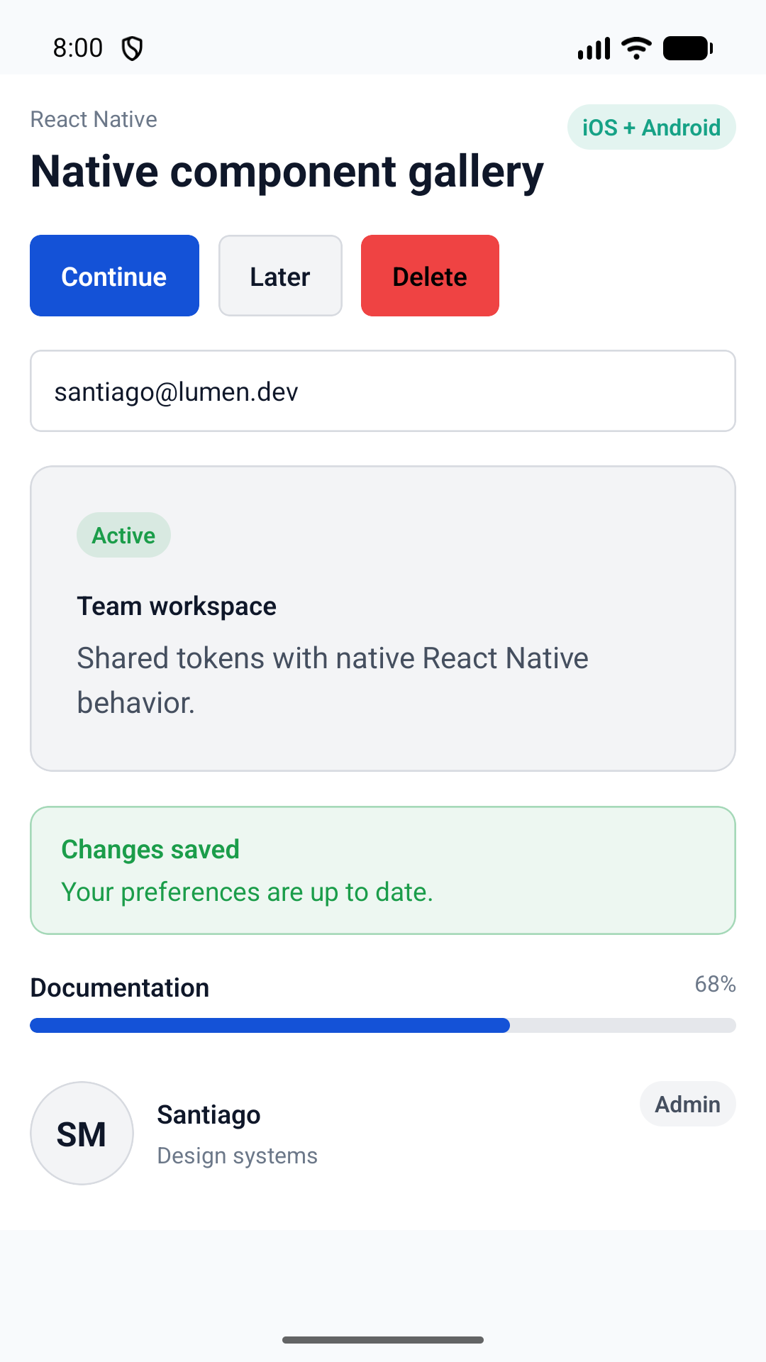 Lumen component gallery running in a native React Native Android application
